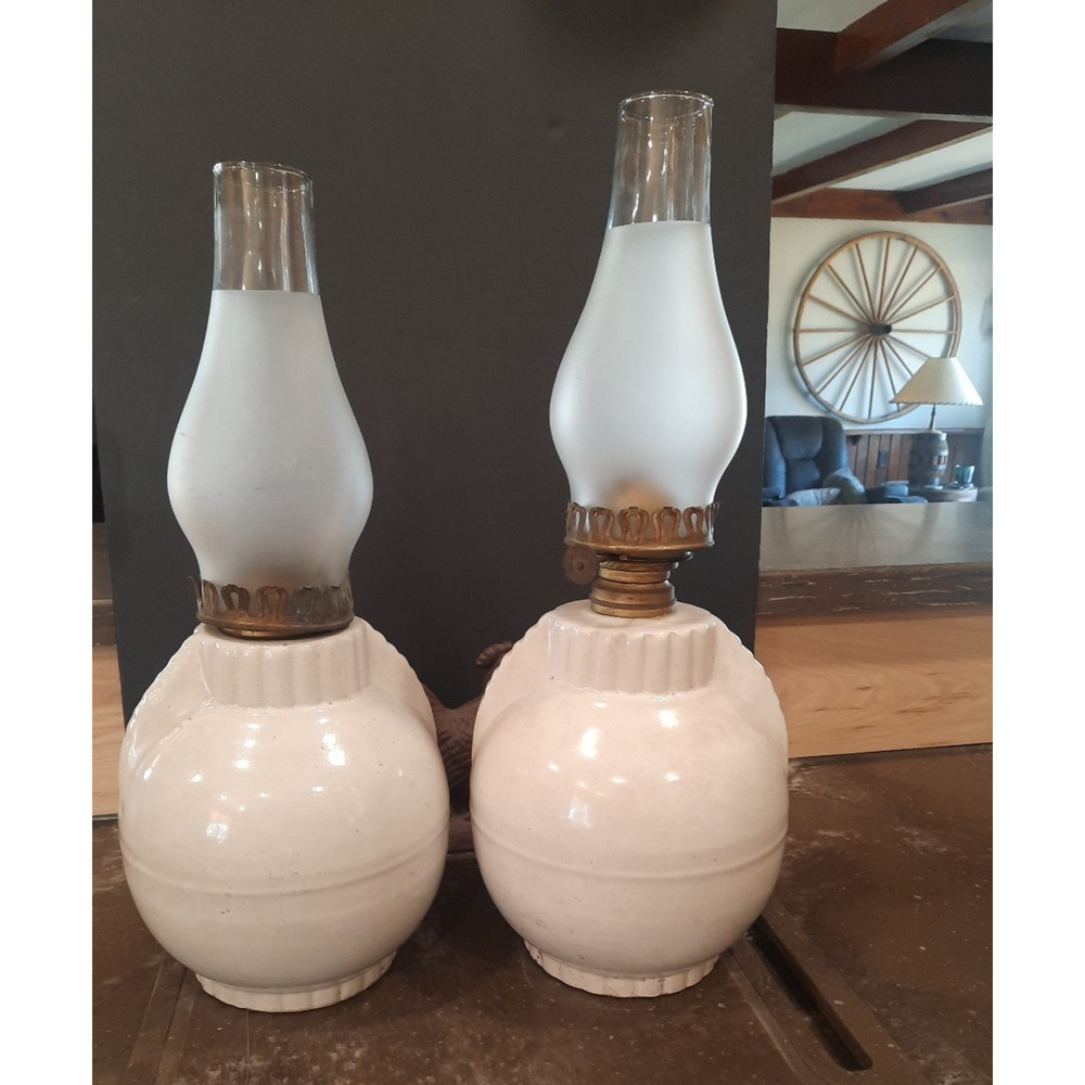 Pair of Vintage Stoneware Crock Oil Lamps (2) Farmhouse Art Deco w/ 2 Chimneys